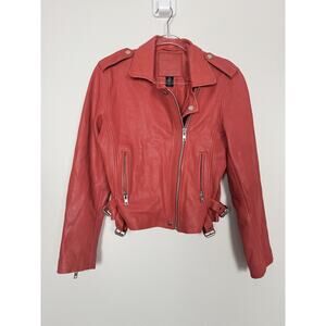 Belle Vere Leather Jacket Womens Medium Red Moto Biker Asym Zip YKK Side Belts